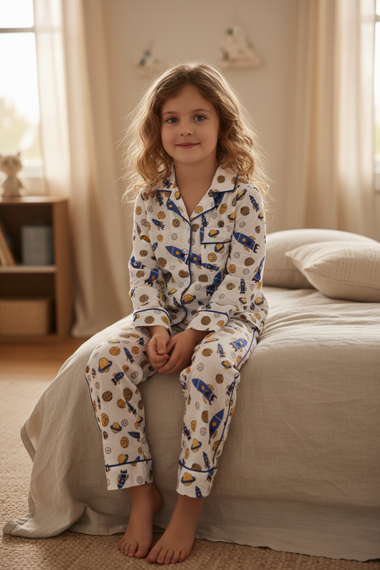 Girl wearing space adventure pajamas - lifestyle shot