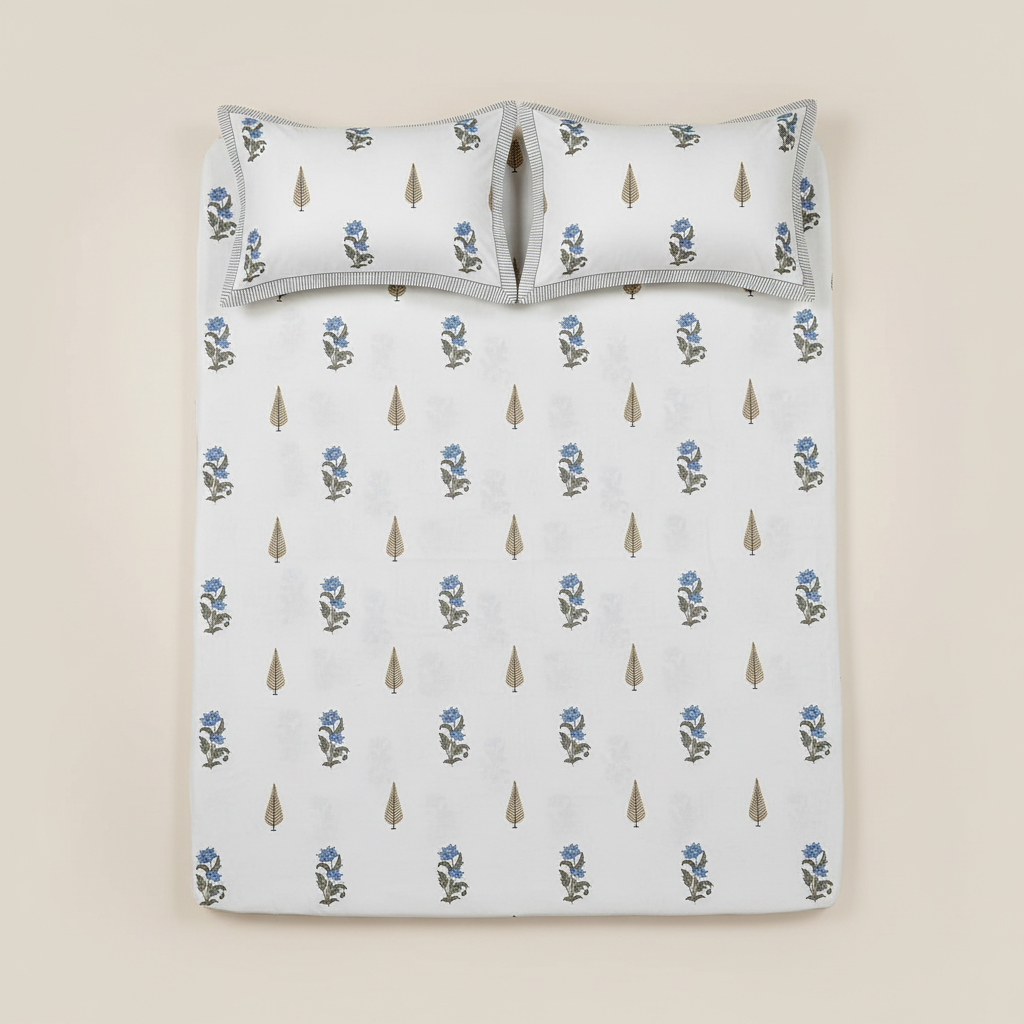 Blue Gold Leaf Bedsheet Set