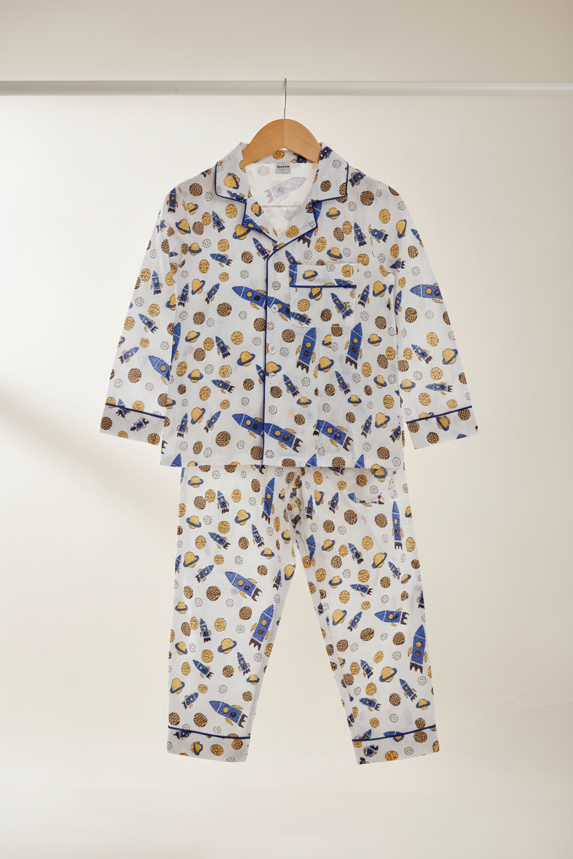 Space adventure pajamas on hanger - premium product shot
