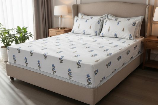 Blue Gold Leaf Bedsheet Set